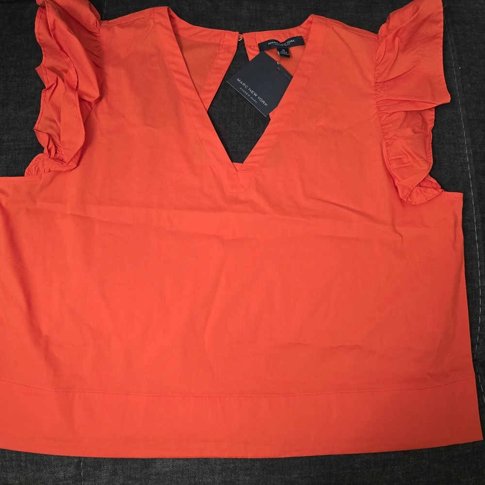 Marc New York Bright Orange Ruffle Sleeve V-Neck Blouse